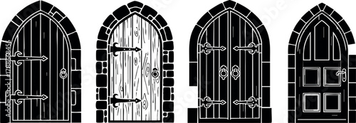 Gothic style medieval wooden doors with stone arch frames vector set for historic architecture design