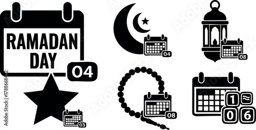 Ramadan Day calendar icons with crescent moon lantern prayer beads and date markers for Islamic religious observance vector illustration