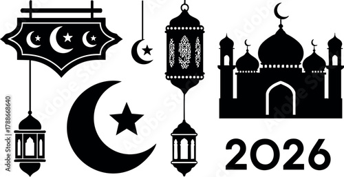 Islamic crescent moon star mosque lanterns 2026 Ramadan celebration vector design symbols