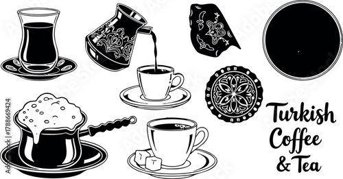 Turkish coffee and tea traditional beverage set with cezve cup and glass vector illustration