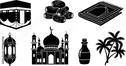 Islamic religious symbols vector set with mosque lantern prayer rug dates and palm tree icons