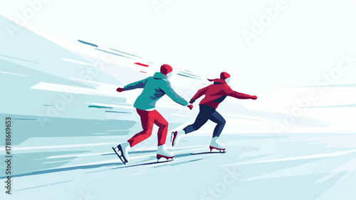 Winter ice skating illustration of people enjoying outdoor activity in snow landscape