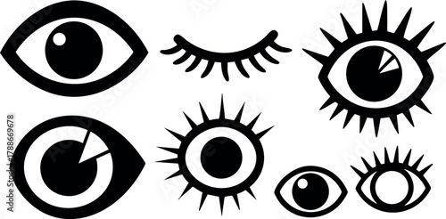 Eye icons vector set with varied pupil and eyelash designs for creative use in graphic projects and visual communication