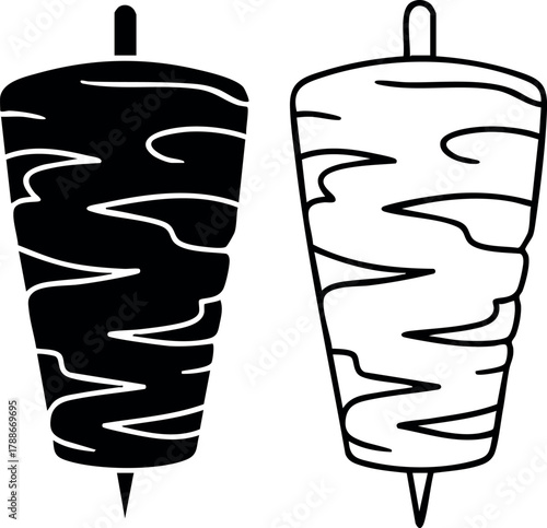 Vertical black and white textured meat skewers for kebab or shawarma cooking vector illustration