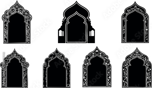 Ornate Islamic window frame vector set with decorative arch shapes in black silhouette style for design elements