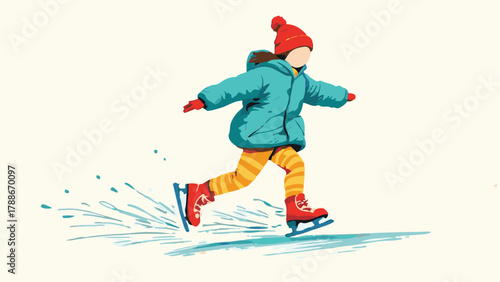 Winter ice skating illustration of people enjoying outdoor activity in snow landscape