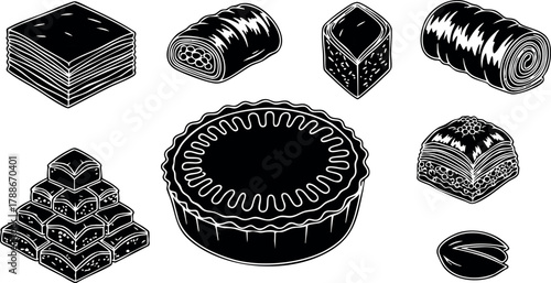 Assorted traditional sweet pastries and desserts in vintage black and white style vector illustration