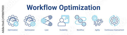 Workflow Optimization web icon vector illustration concept with icon of Optimization, Optimization, Lean, Scalability, Workflow, Agility, Continuous Improvement,in modern flat vector style.