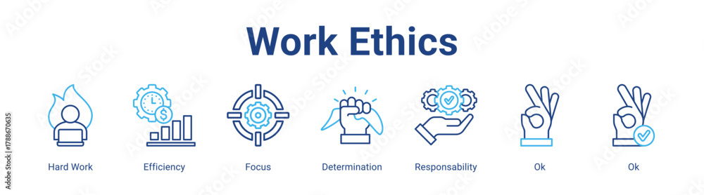 Fototapeta premium Work Ethics web icon vector illustration concept with icon of Hard Work, Efficiency, Focus, Determination, Responsability, Ok, Ok,in modern flat vector style.