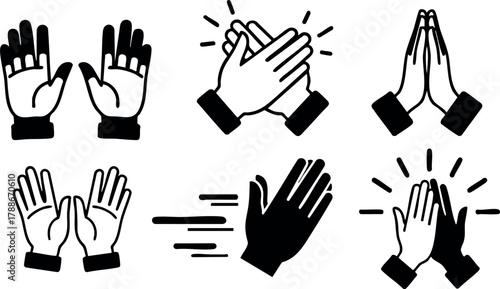 Set of black and white hand gestures with clapping and praying poses in vector style illustration