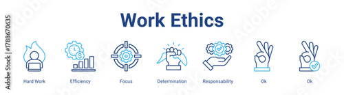 Work Ethics web icon vector illustration concept with icon of Hard Work, Efficiency, Focus, Determination, Responsability, Ok, Ok,in modern flat vector style.