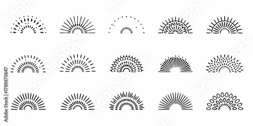 Collection of hand drawn semicircles and sunburst elements in black ink on white background