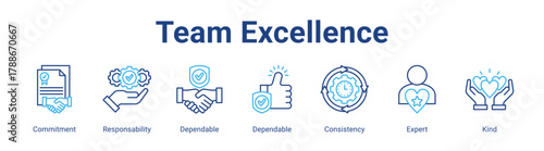 Team Excellence web icon vector illustration concept with icon of Commitment, Responsability, Dependable, Dependable, Consistency, Expert, Kind,in modern flat vector style.