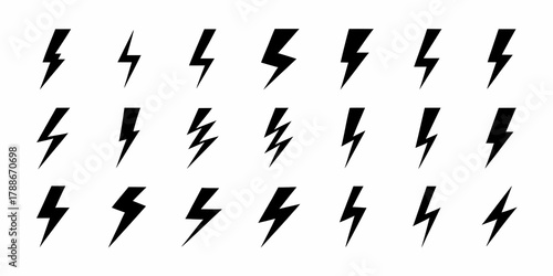 Collection of black lightning bolt icons and symbols on a white background