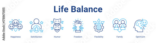 Life Balance web icon vector illustration concept with icon of Happiness, Satisfaction, Humor, Freedom, Flexibility, Family, Optimism,in modern flat vector style.