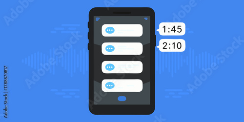 Smartphone displaying a notification screen with message bubbles and timestamps against a blue background with waveform elements