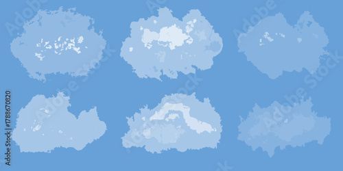 Abstract stylized clouds in various shades of blue against a solid blue sky background