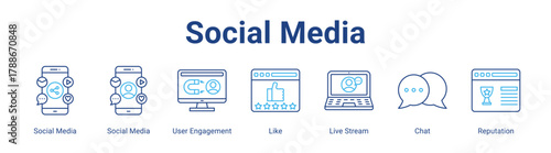 Social Media web icon vector illustration concept with icon of Social Media, Social Media, User Engagement, Like, Live Stream, Chat, Reputation,in modern flat vector style.