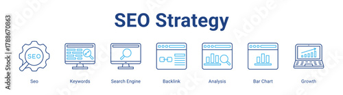Seo Strategy web icon vector illustration concept with icon of Seo, Keywords, Search Engine, Backlink, Analysis, Bar Chart, Growth,in modern flat vector style.