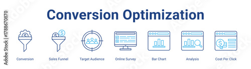 Conversion Optimization web icon vector illustration concept with icon of Conversion, Sales Funnel, Target Audience, Online Survey, Bar Chart, Analysis, Cost Per Click,in modern flat vector style.