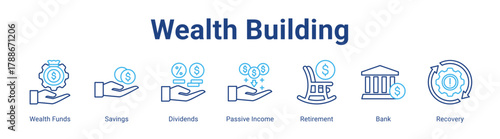 Wealth Building web icon vector illustration concept with icon of Wealth Funds, Savings, Dividends, Passive Income, Retirement, Bank, Recovery,in modern flat vector style.