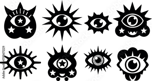 Abstract mystical eye symbols with stars and sun rays in black and white vector design set for spiritual and artistic use