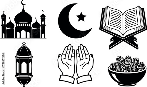 Islamic symbols mosque crescent star holy book hands praying lantern and dates bowl vector set