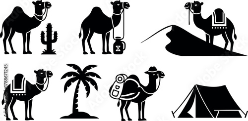 Camel silhouettes with desert cactus palm tree tent camping and travel icons vector set