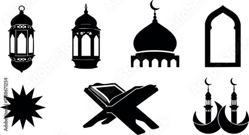 Islamic religious icons with mosque dome lanterns quran stand and window silhouette vector design