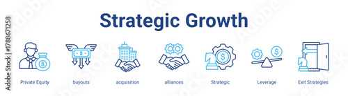 Strategic Growth web icon vector illustration concept with icon of Private Equity, buyouts, acquisition, alliances, Strategic, Leverage, Exit Strategies,in modern flat vector style.