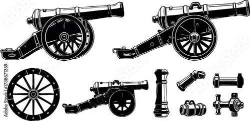 Vintage black and white cannon vector set with old artillery pieces and separate parts for historic design and illustration