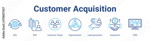 Customer Acquisition web icon vector illustration concept with icon of B2b, B2C, Customer Target, Segmentation, Lead generation, Acquisition, CRM,in modern flat vector style.