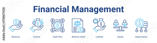 Financial Management web icon vector illustration concept with icon of Revenue, Income, Cash flow, Balance sheet, Liability, Equity, Depreciation,in modern flat vector style.