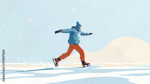 Winter ice skating illustration of people enjoying outdoor activity in snow landscape