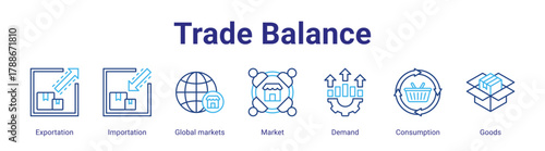 Trade Balance web icon vector illustration concept with icon of Exportation, Importation, Global markets, Market, Demand, Consumption, Goods,in modern flat vector style.