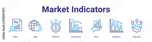Market Indicators web icon vector illustration concept with icon of Index, Gdp, Inflation, Recession, Rise, Deflation, Demand,in modern flat vector style.