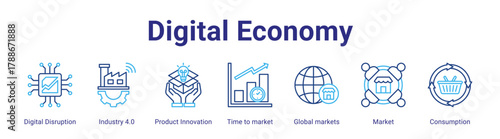 Digital Economy web icon vector illustration concept with icon of Digital Disruption, Industry 4.0, Product Innovation, Time to market, Global markets, Market, Consumption,in modern flat vector style.