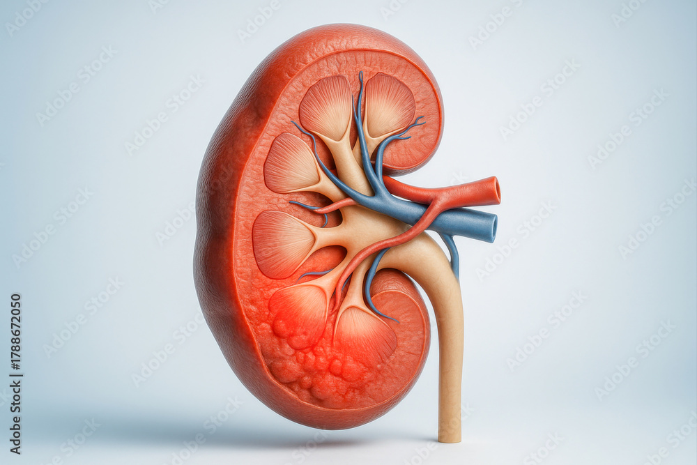 Naklejka premium 3D anatomical illustration of the human kidney showing renal arteries, veins, calyces, and pelvis, representing the urinary filtration system. 