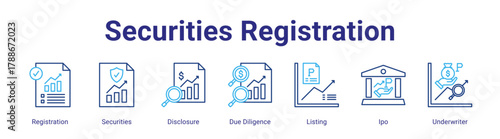 Securities Registration web icon vector illustration concept with icon of Registration,Securities,Disclosure,Due Diligence,Listing,Ipo,Underwriter,in modern flat vector style.