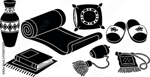 Traditional handmade crafts including pottery rug pillow slippers necklaces and books vector design art