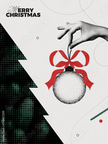 Trendy Halftone Collage Hand holds Christmas ball with red bow. Abstract xmas ornament decoration on thee. Happy New Year poster. Winter holidays. Contemporary vector illustration art