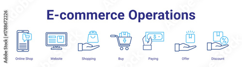 E-Commerce Operations web icon vector illustration concept with icon of Online Shop,Website,Shopping,Buy,Paying,Offer,Discount,in modern flat vector style.