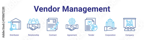 Vendor Management web icon vector illustration concept with icon of Distributor,Relationship,Contract,Agreement,Tender,Corporation,Company,in modern flat vector style.