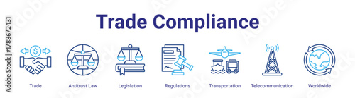 Trade Compliance web icon vector illustration concept with icon of Trade,Antitrust Law,Legislation,Regulations,Transportation,Telecommunication,Worldwide,in modern flat vector style.