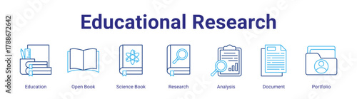 Educational Research web icon vector illustration concept with icon of Education,Open Book,Science Book,Research,Analysis,Document,Portfolio,in modern flat vector style.