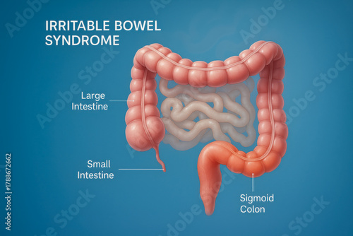 Labeled 3D medical illustration of the digestive system showing large and small intestines and highlighting sigmoid colon inflammation from IBS.
