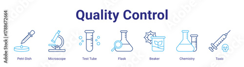 Quality Control web icon vector illustration concept with icon of Petri Dish,Microscope,Test Tube,Flask,Beaker,Chemistry,Toxic,in modern flat vector style.
