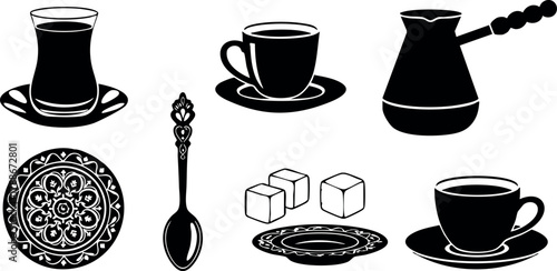 Turkish coffee set with traditional cup, cezve pot, spoon, sugar cubes, and plate vector illustration