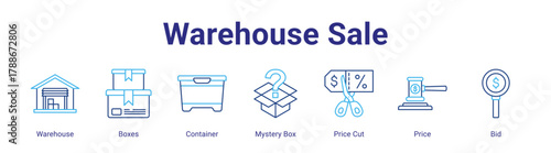Warehouse Sale web icon vector illustration concept with icon of Warehouse,Boxes,Container,Mystery Box,Price Cut,Price,Bid,in modern flat vector style.