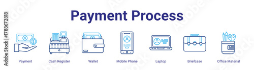 Payment Process web icon vector illustration concept with icon of Payment,Cash Register,Wallet,Mobile Phone,Laptop,Briefcase,Office Material,in modern flat vector style.